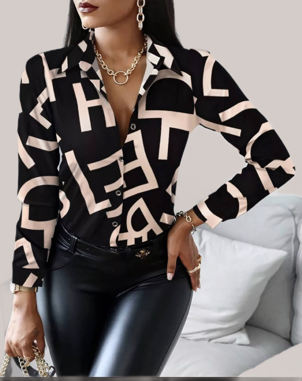 Elegant Graphic Print Button Down Long Sleeve Blouse