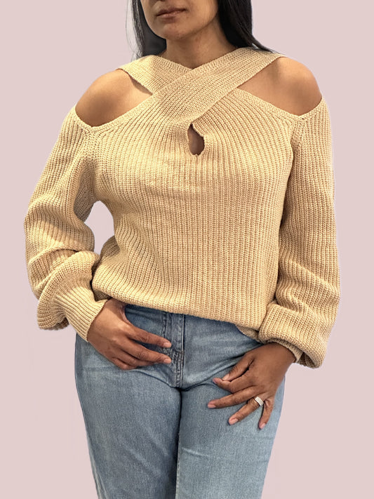 Cross Exposed Neck Long Sleeve Knit Sweater