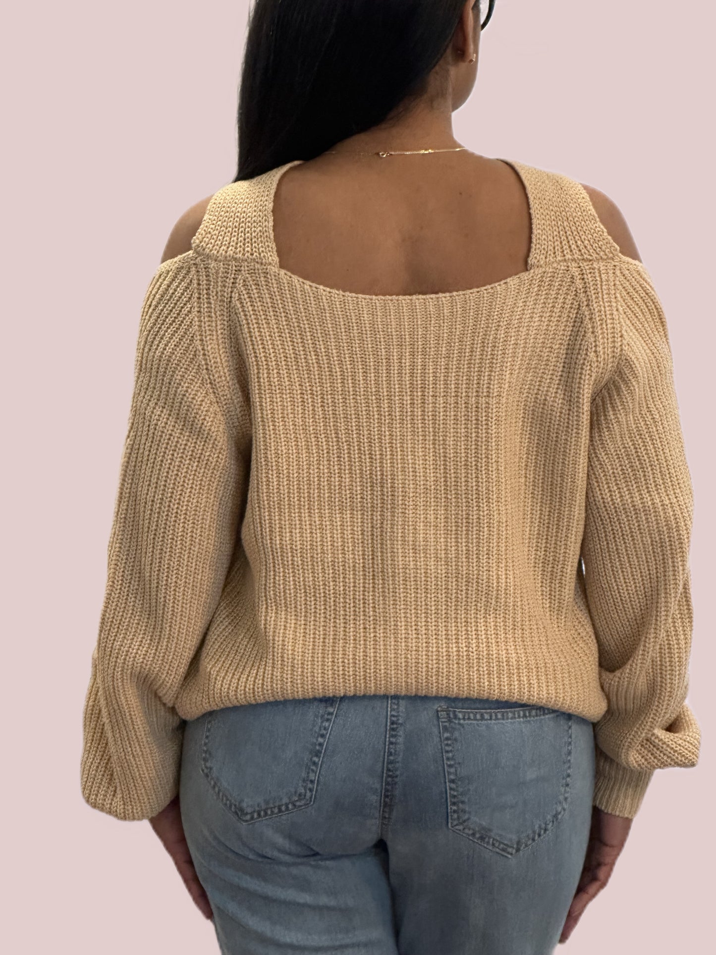 Cross Exposed Neck Long Sleeve Knit Sweater