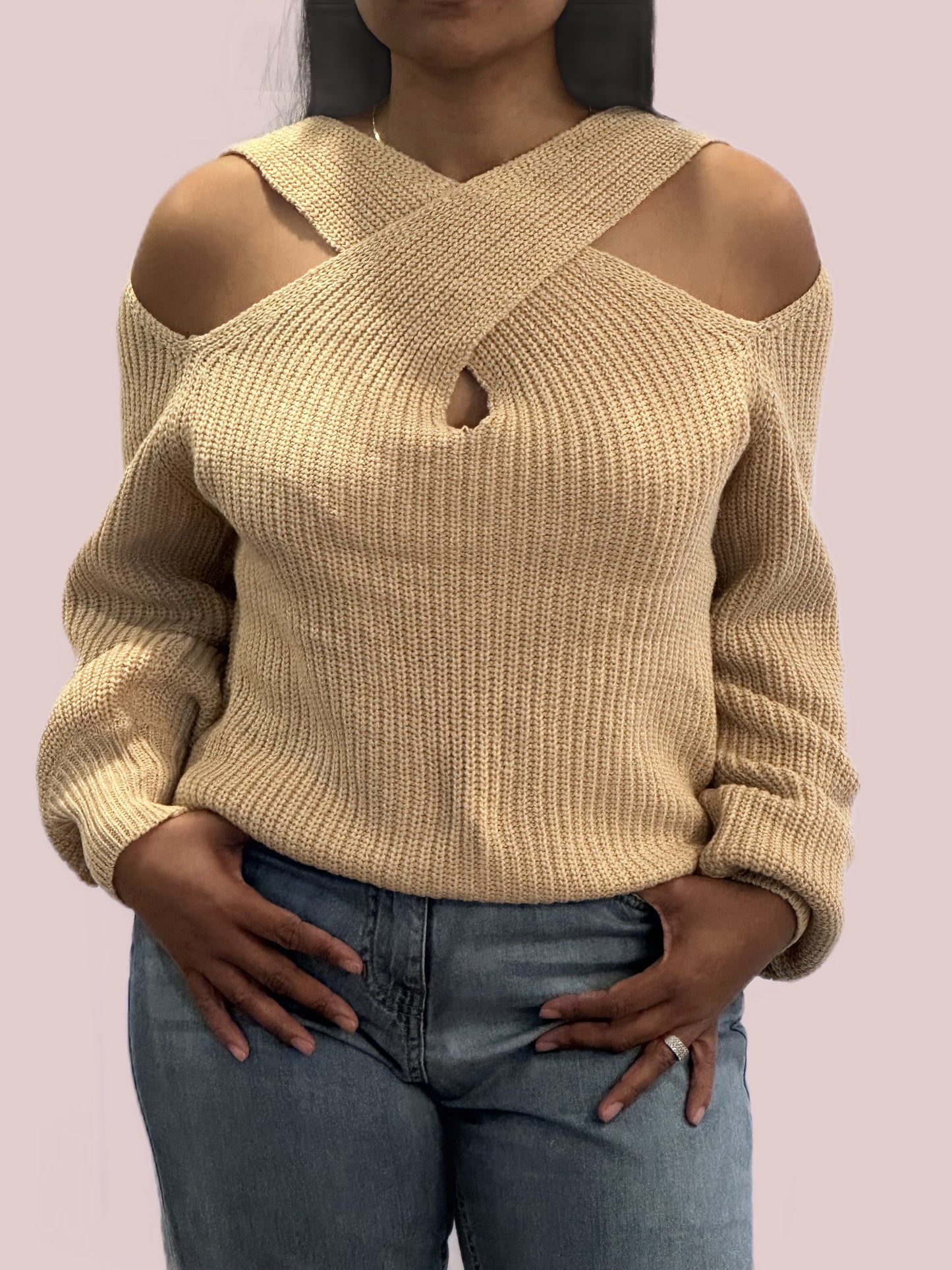 Cross Exposed Neck Long Sleeve Knit Sweater