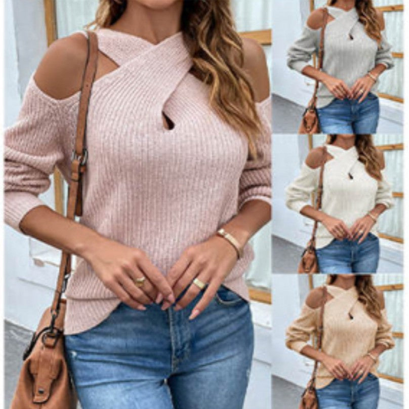 Cross Exposed Neck Long Sleeve Knit Sweater