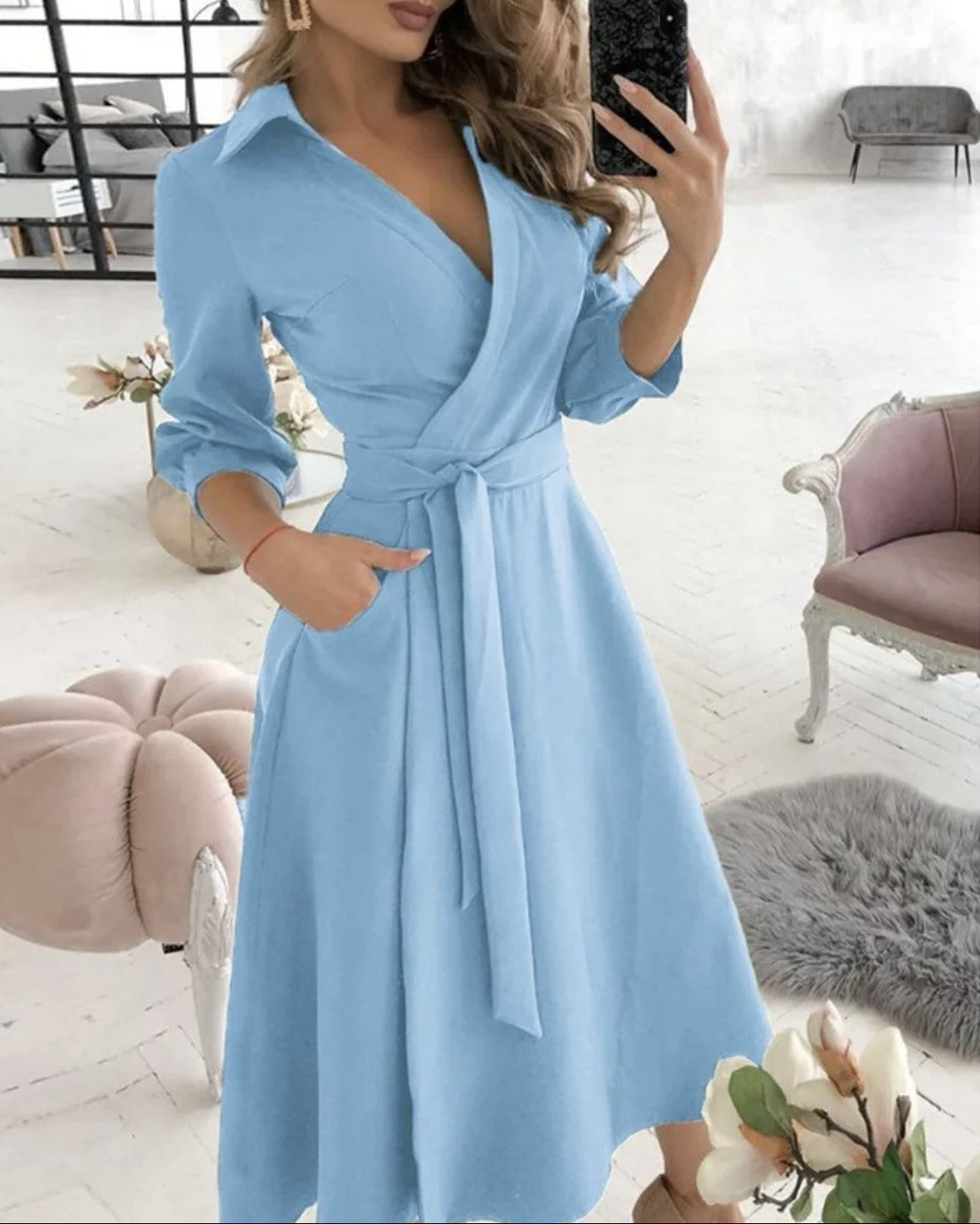 V-neck Belted Dress