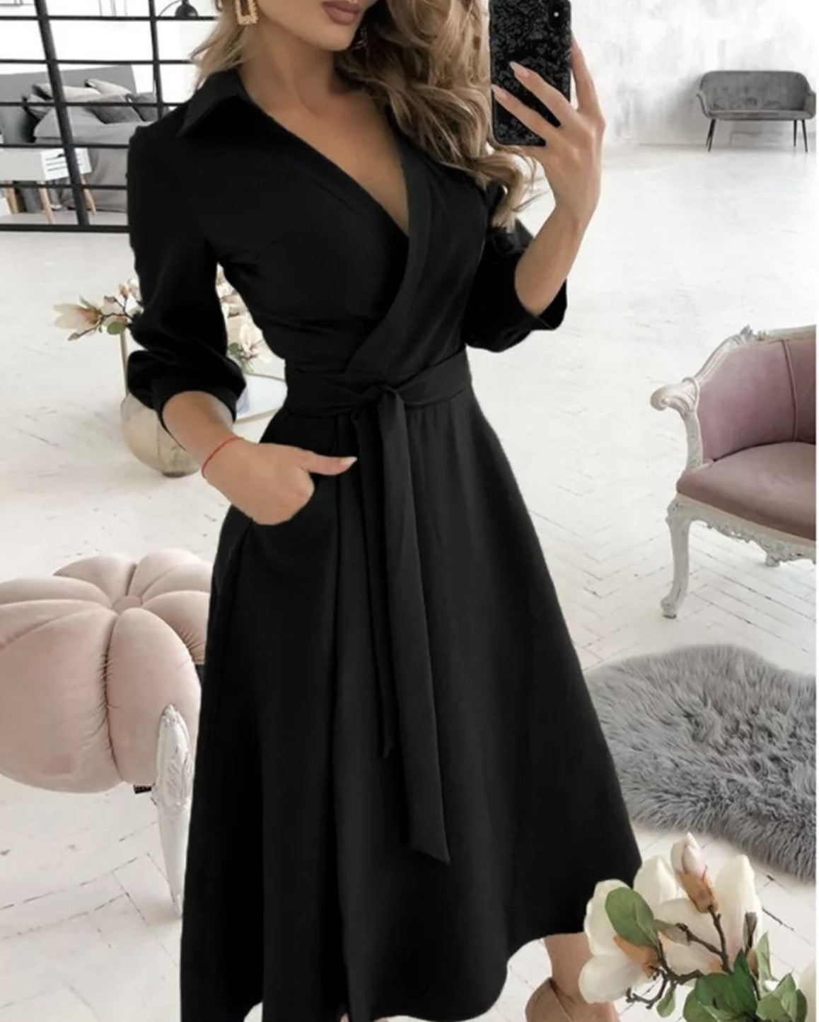 V-neck Belted Dress