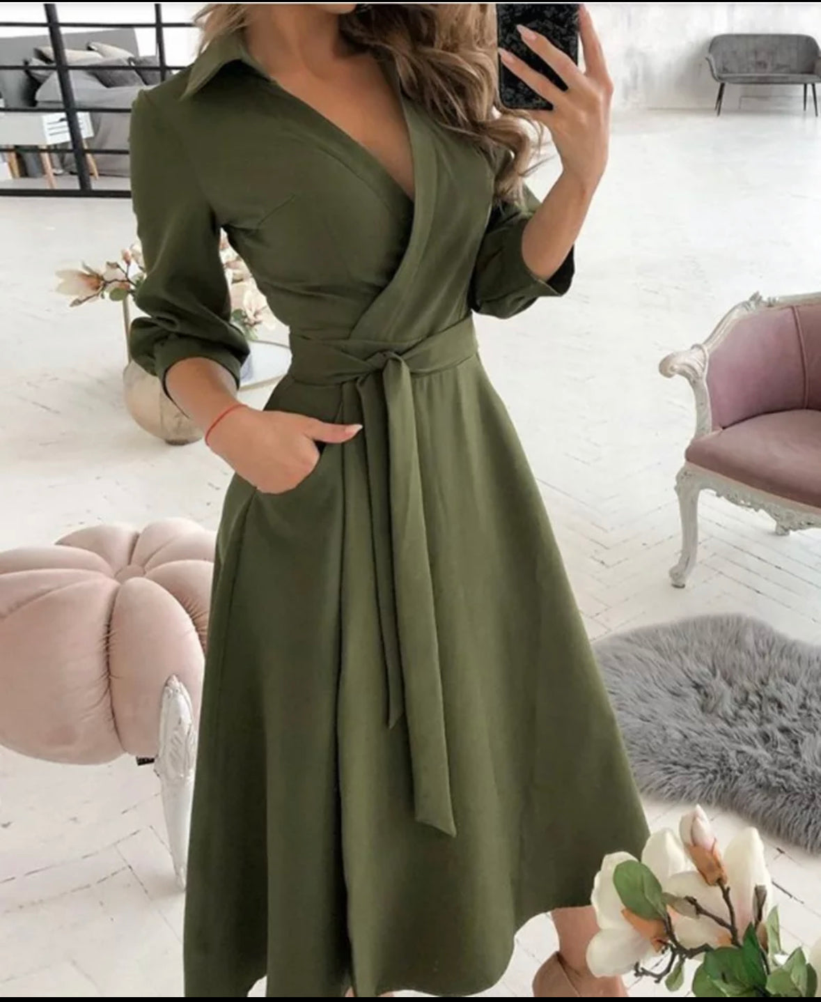 V-neck Belted Dress