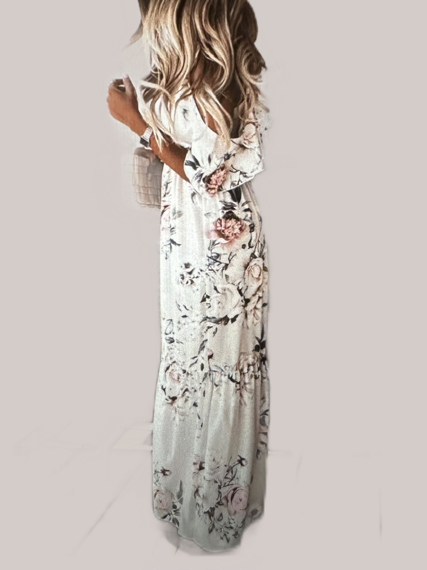 Off White Flora Print Cold Shoulder Maxi Dress