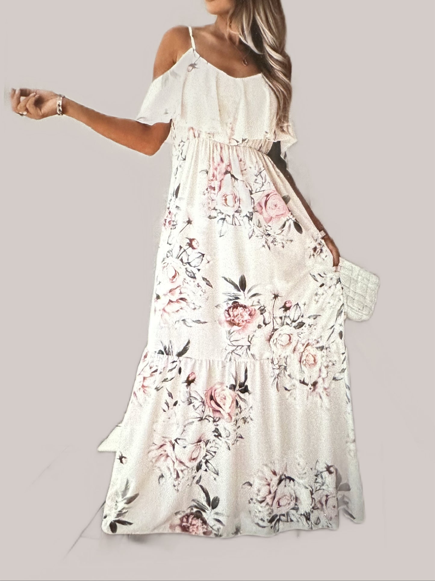 Off White Flora Print Cold Shoulder Maxi Dress