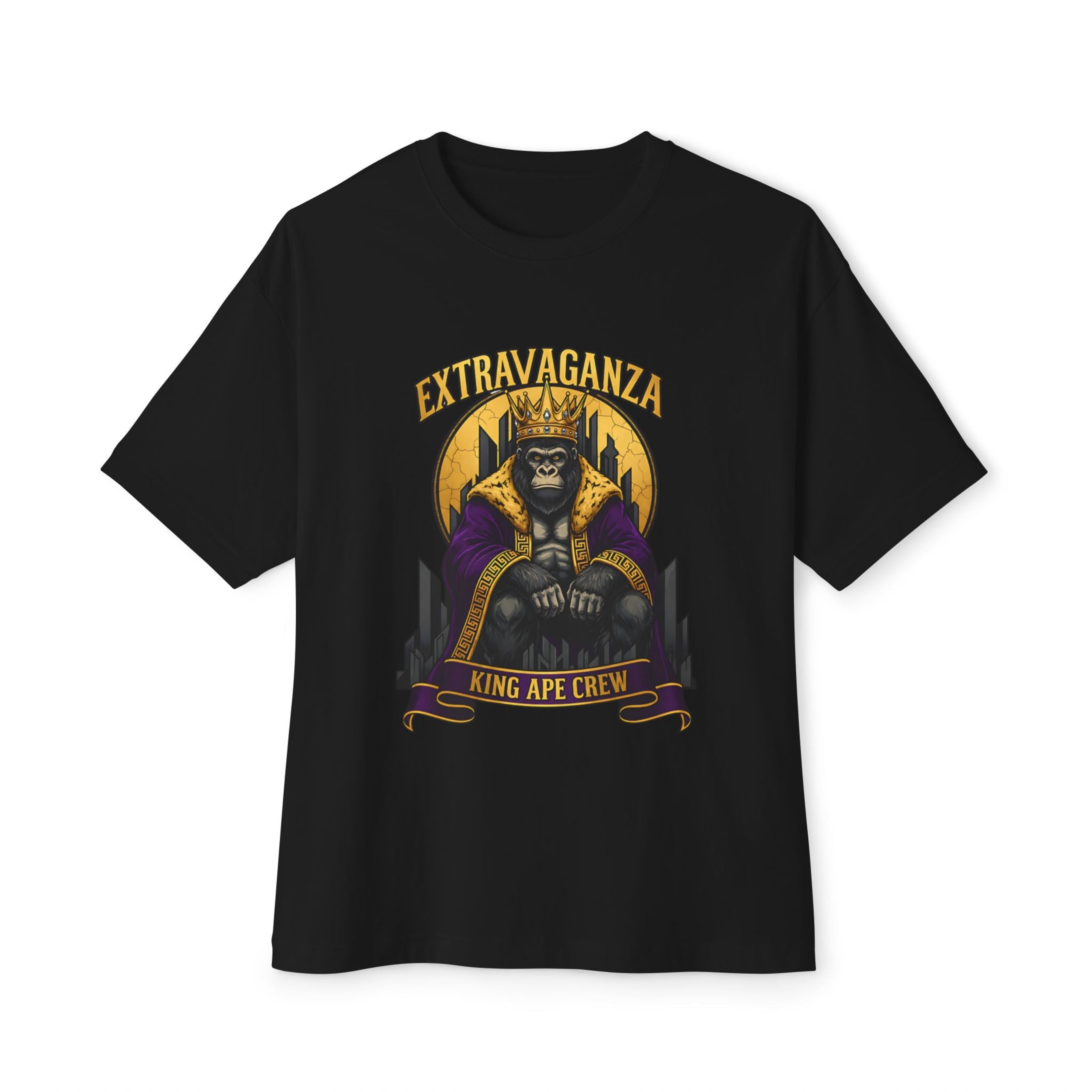 Black t-shirt with 'Extravaganza King Ape Crew' graphic design on a white background