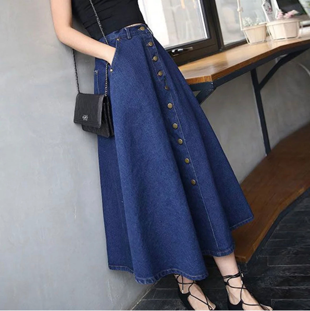 Vintage Long Blue Denim Skirt